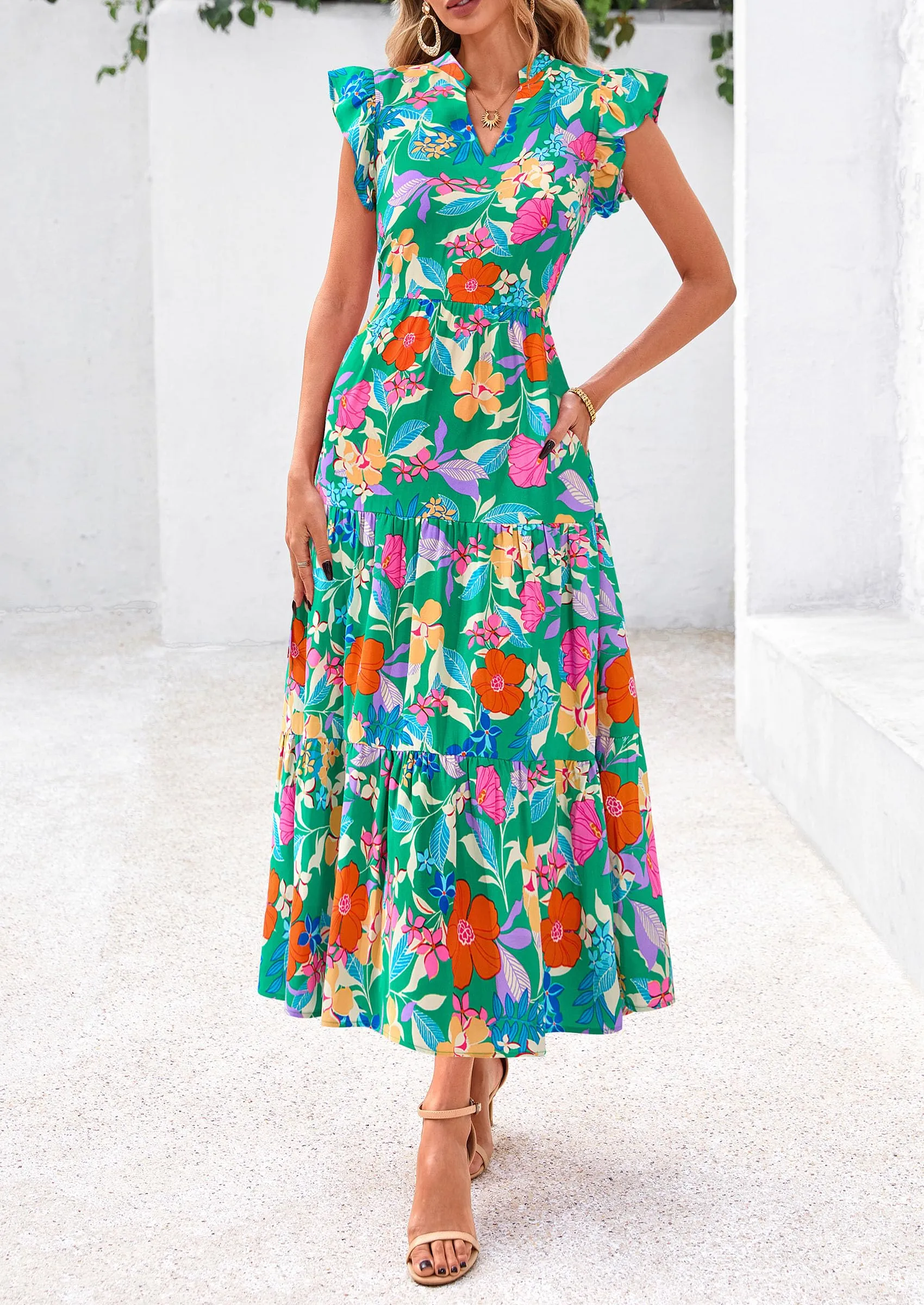Floral Cap Sleeve V Neck Ruffle Flowy Boho Casual Beach Vacation Midi Dress