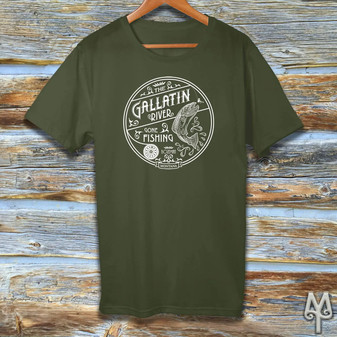 Gallatin River Gone Fishing, white logo t-shirt