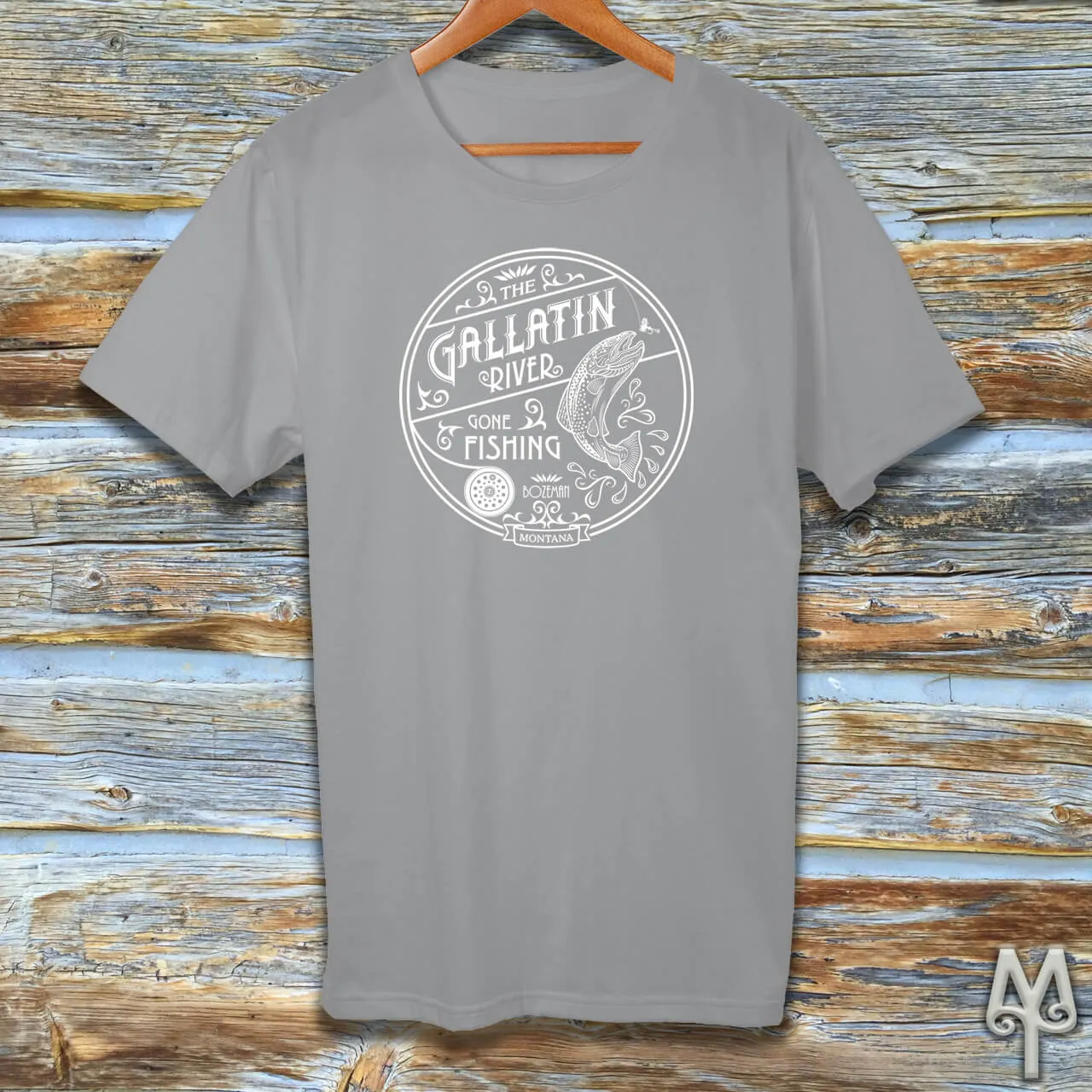 Gallatin River Gone Fishing, white logo t-shirt