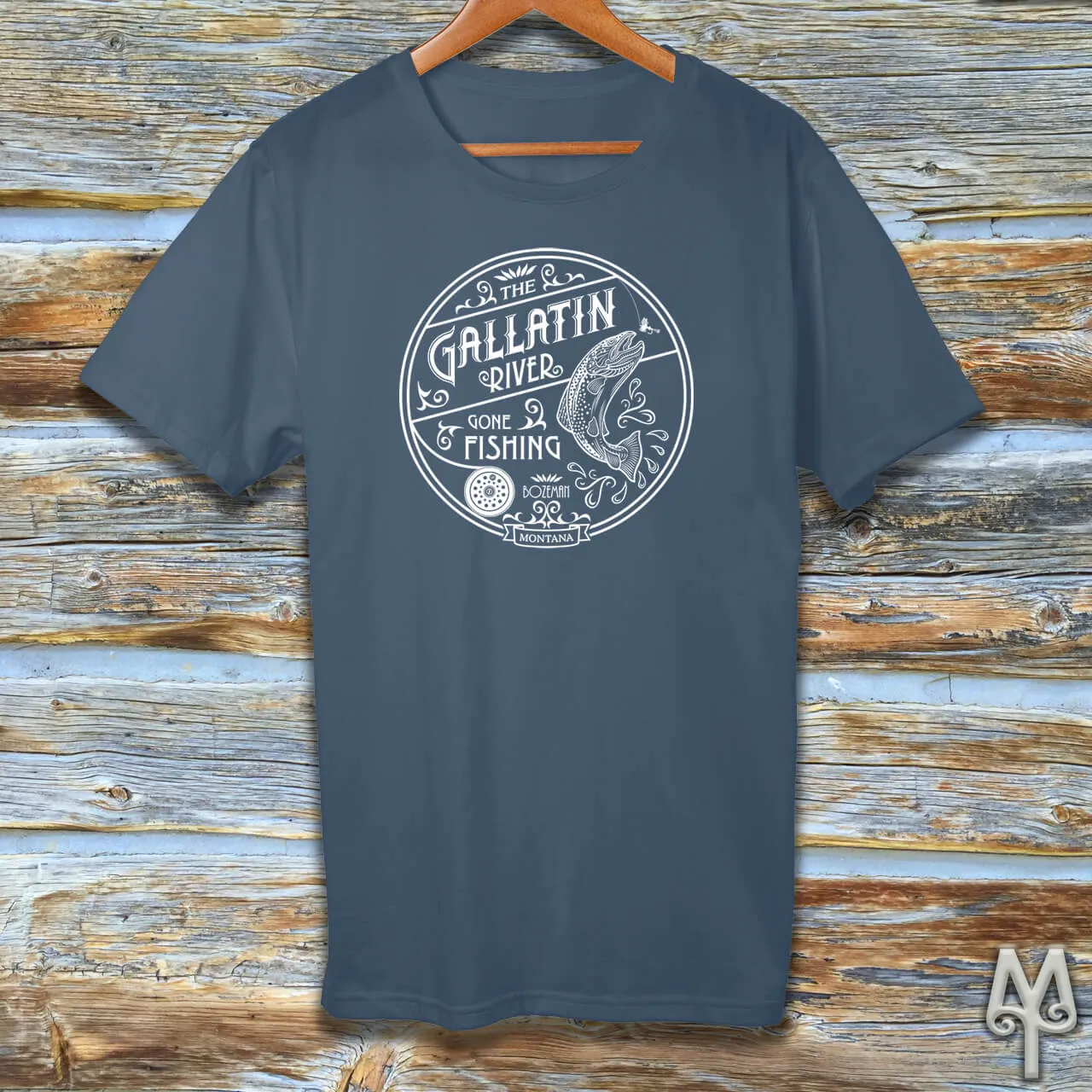 Gallatin River Gone Fishing, white logo t-shirt