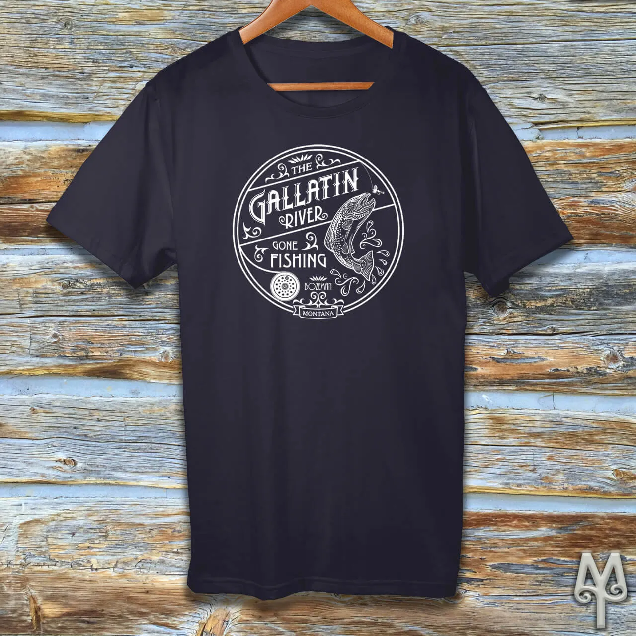 Gallatin River Gone Fishing, white logo t-shirt