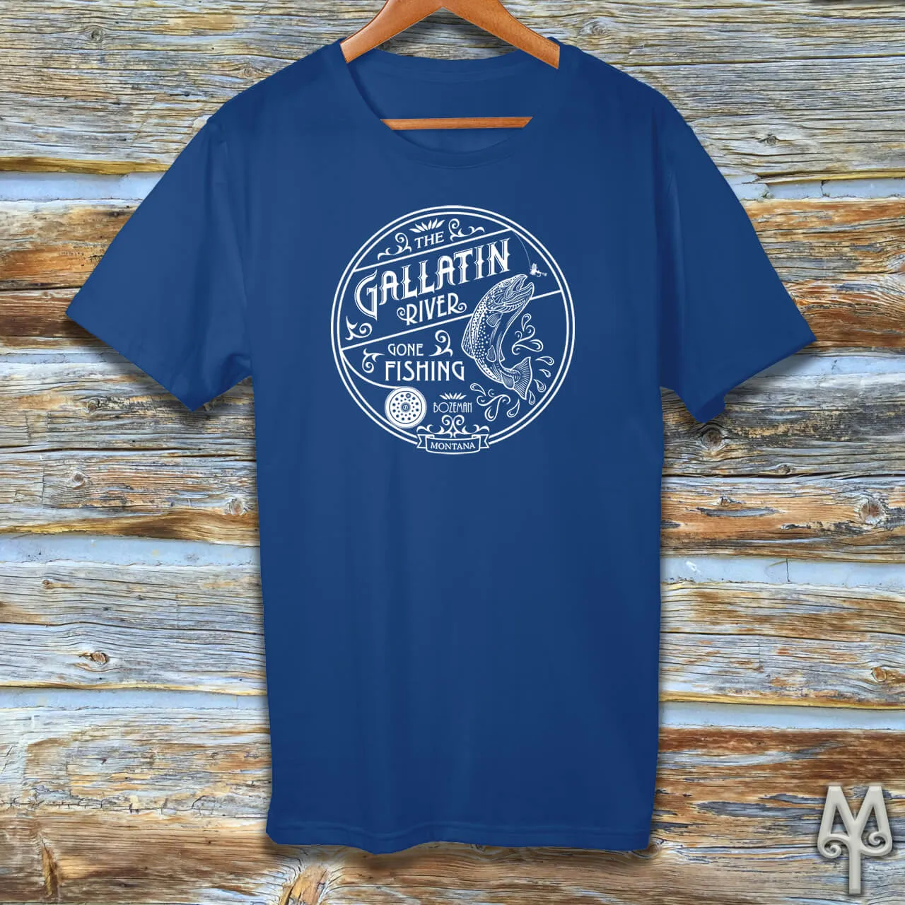 Gallatin River Gone Fishing, white logo t-shirt