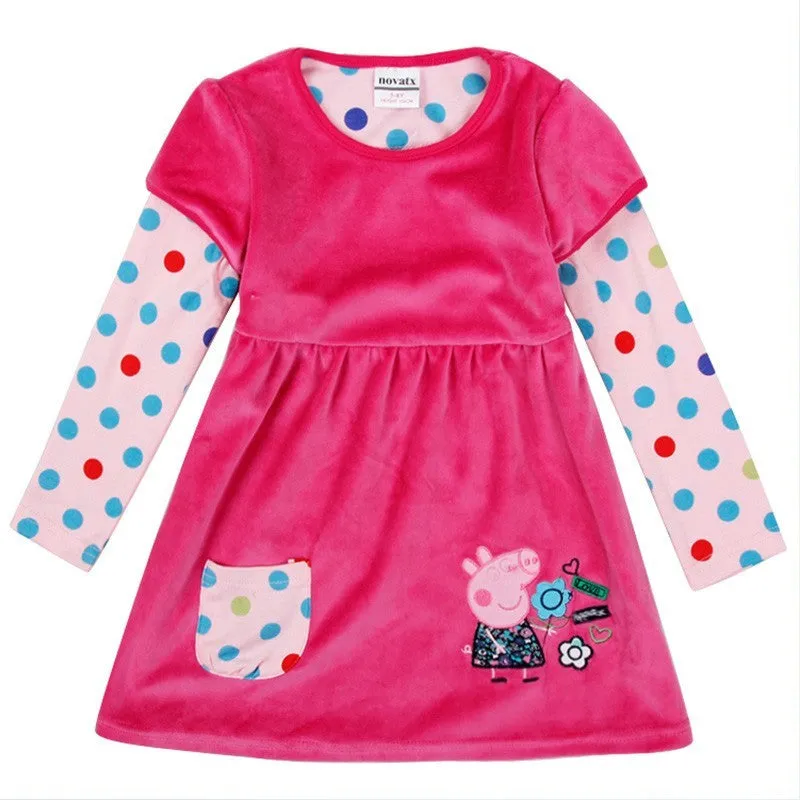 GirlWinter dress children floral dress clothing for girls kids princess baby embroidery cartoon pig dress for girls