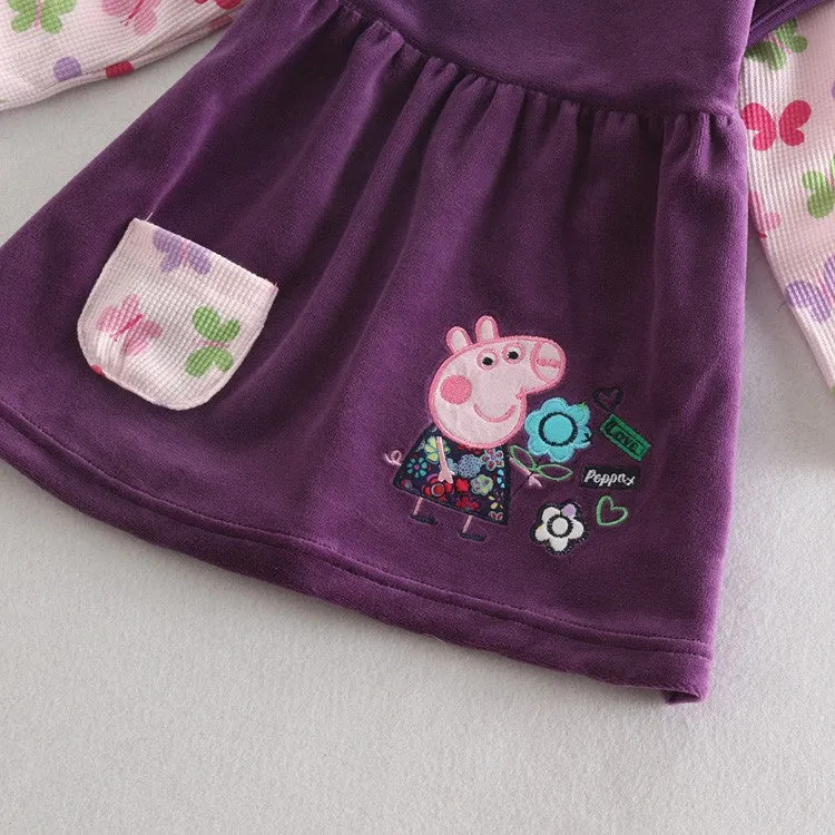 GirlWinter dress children floral dress clothing for girls kids princess baby embroidery cartoon pig dress for girls