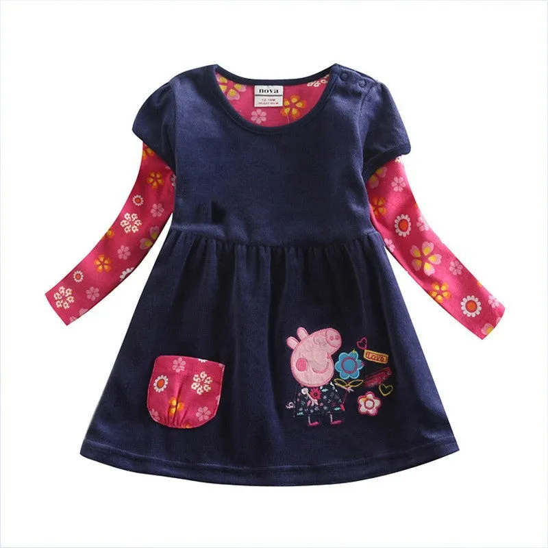 GirlWinter dress children floral dress clothing for girls kids princess baby embroidery cartoon pig dress for girls