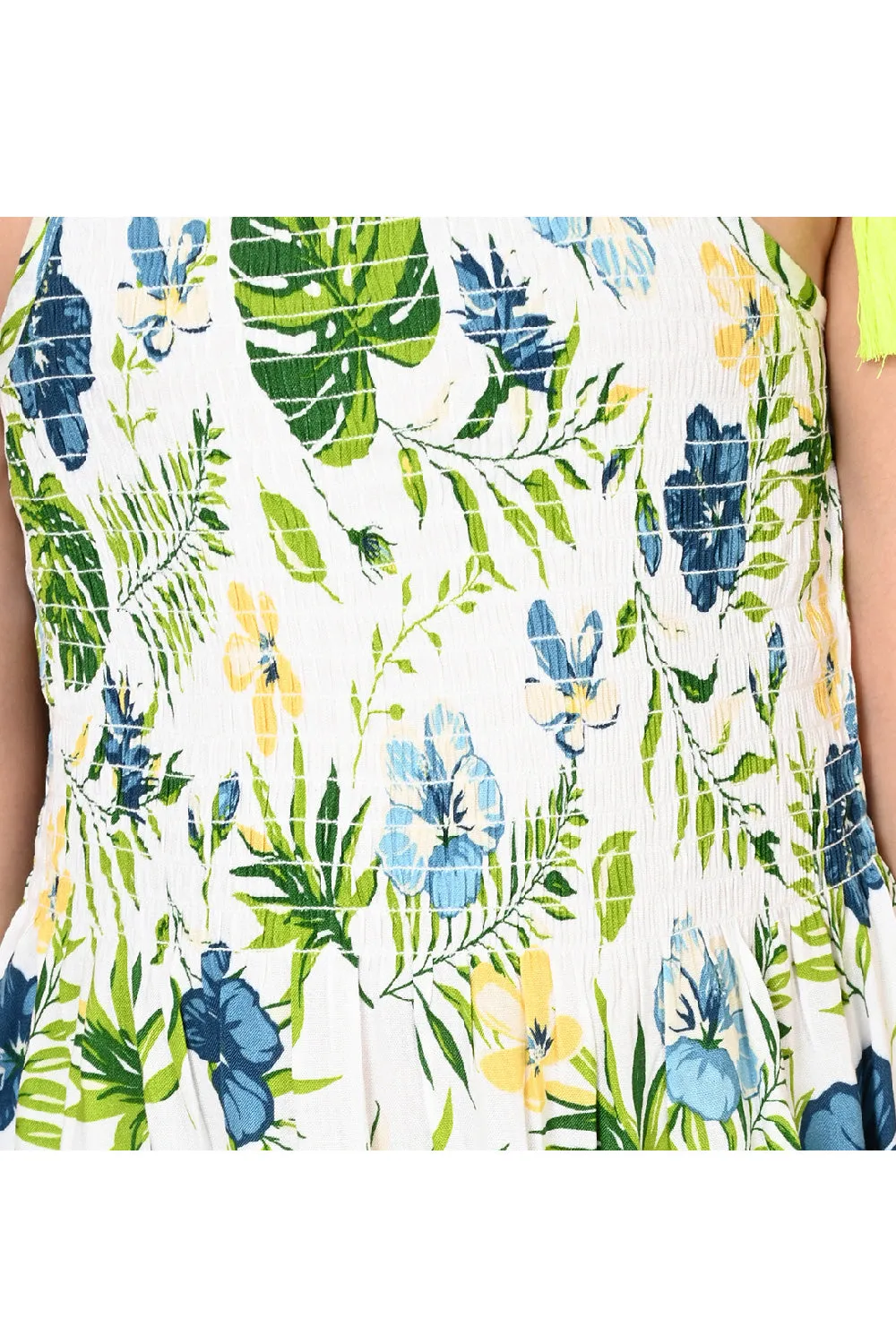 Green Floral Printed And Spaghetti Sleeved Tiered Dress