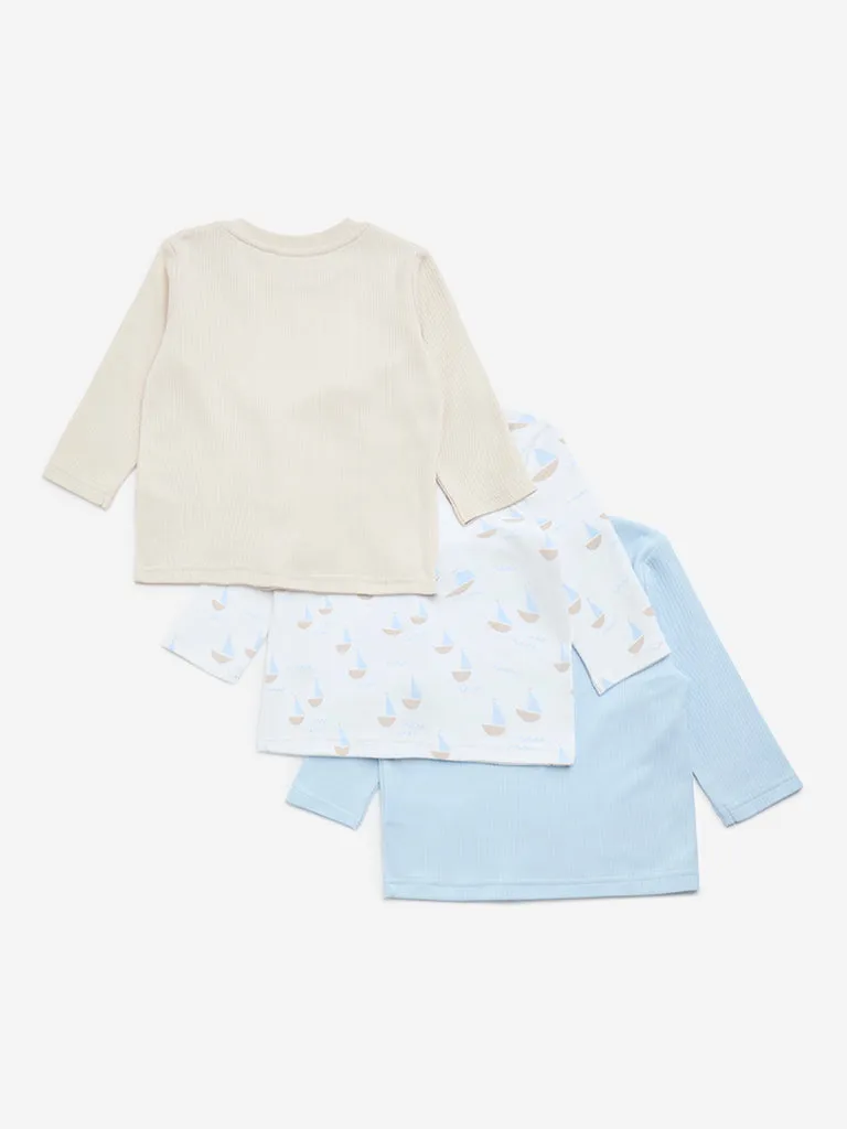 HOP Baby Light Blue Boat-Themed Cotton T-Shirts - Pack of 3