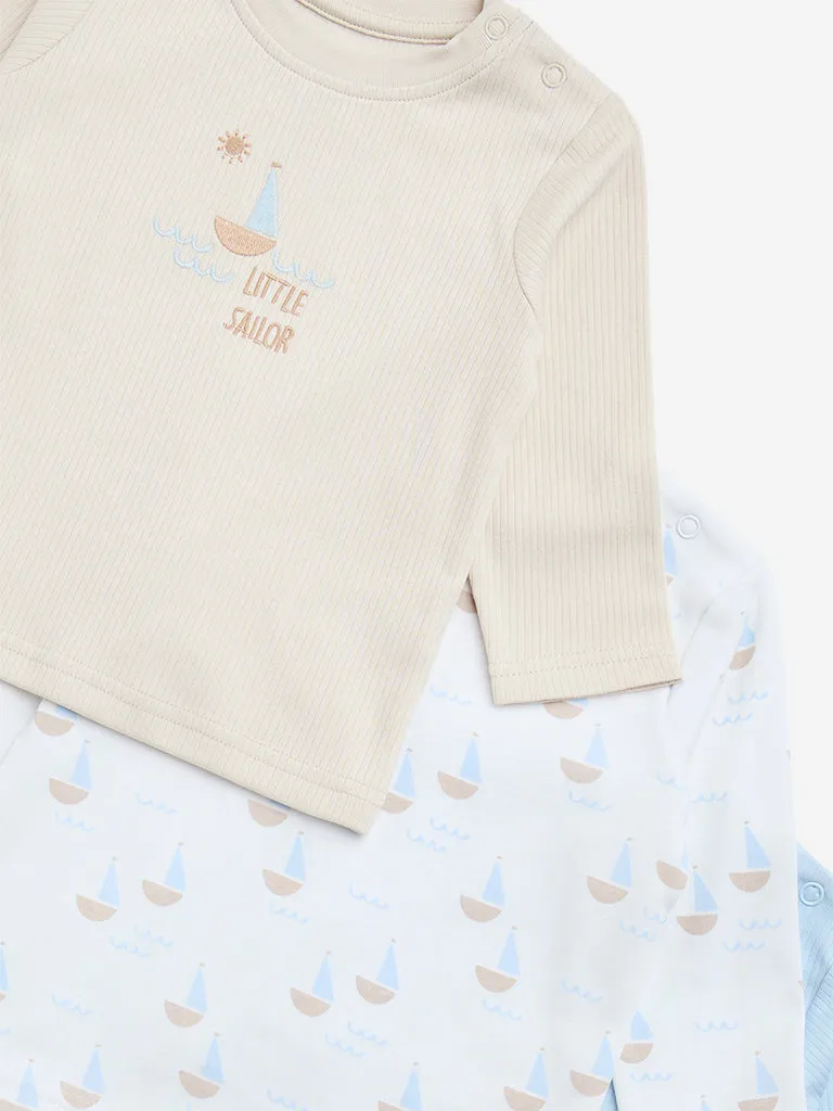 HOP Baby Light Blue Boat-Themed Cotton T-Shirts - Pack of 3