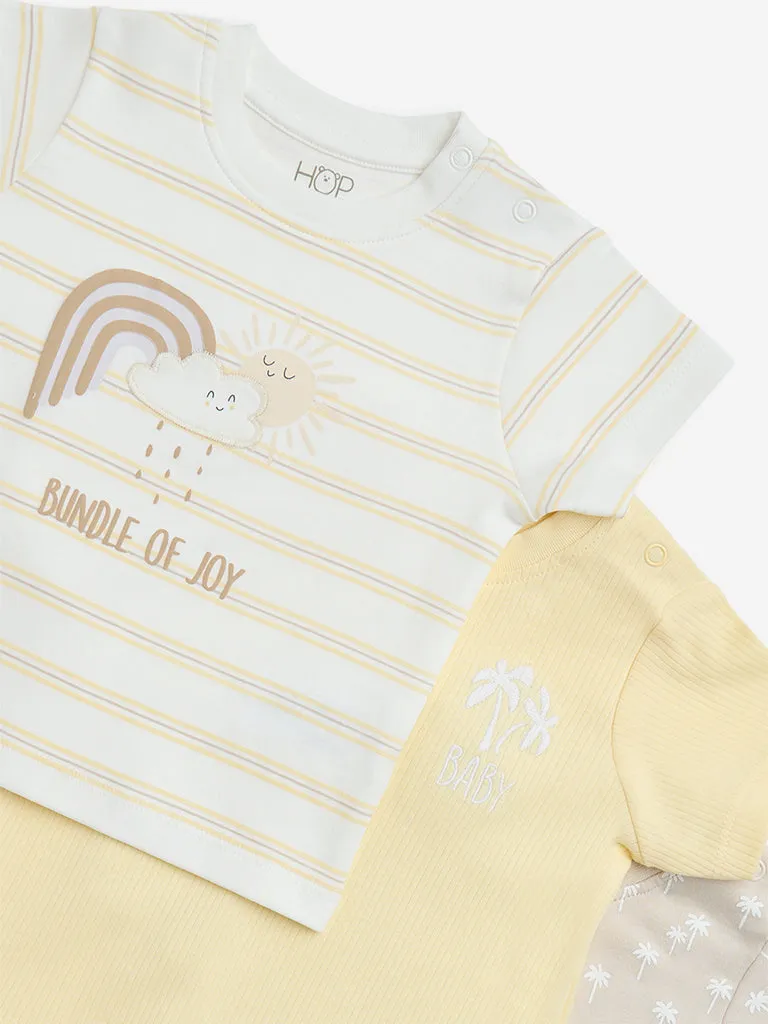 HOP Baby Yellow Printed Cotton T-Shirt- Pack of 3
