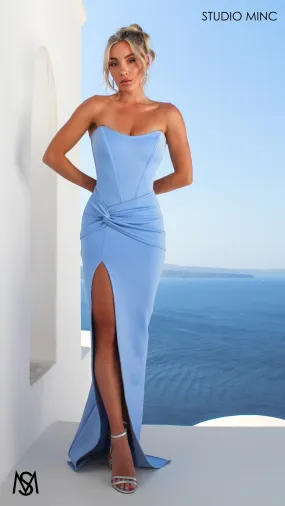 Iris - Powder Blue Formal Dress, Satin Strapless Corset Lace Up Fitted Leg Split