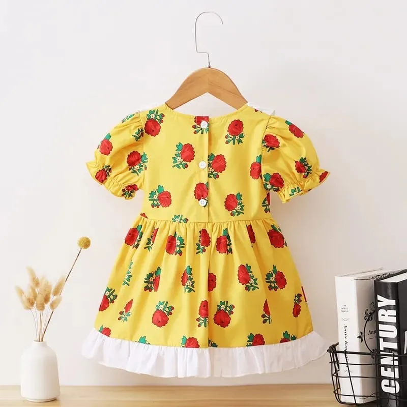 Kids Baby Girl Birthday Party Princess Dress Short Sleeve Rose Flowers Printed Summer Dresses Cute Clothing X3235696