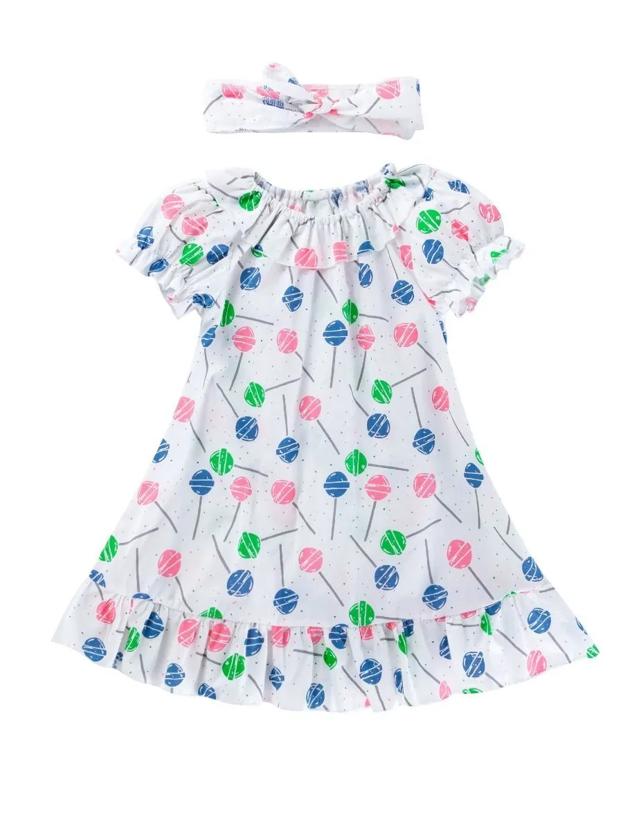 Lollipop Print Ruffle Dress with Headband