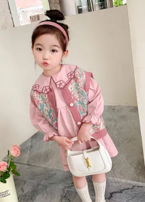 Lovely Pink Floral Vest And Dresses Cotton Baby Girls Two Pieces Set Fall LY9936