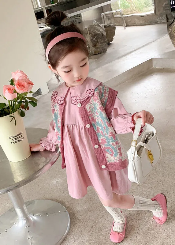 Lovely Pink Floral Vest And Dresses Cotton Baby Girls Two Pieces Set Fall LY9936