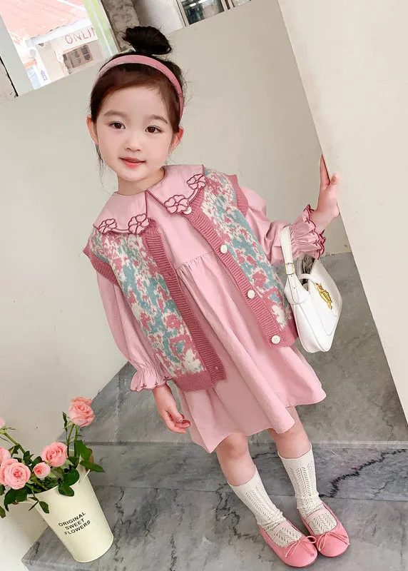 Lovely Pink Floral Vest And Dresses Cotton Baby Girls Two Pieces Set Fall LY9936