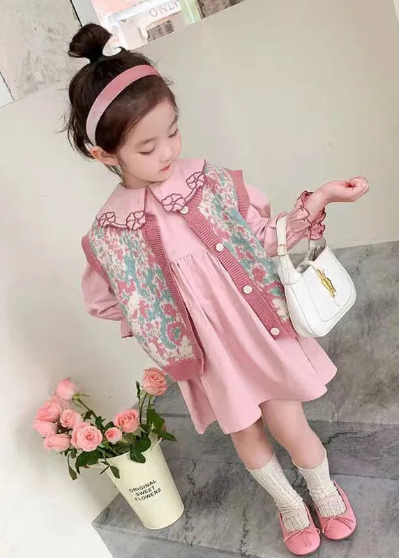 Lovely Pink Floral Vest And Dresses Cotton Baby Girls Two Pieces Set Fall LY9936