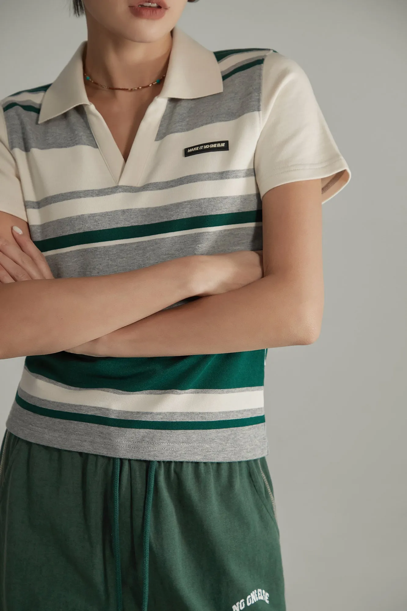 Open Collar Back Cut Out Striped Short Sleeve T-Shirt