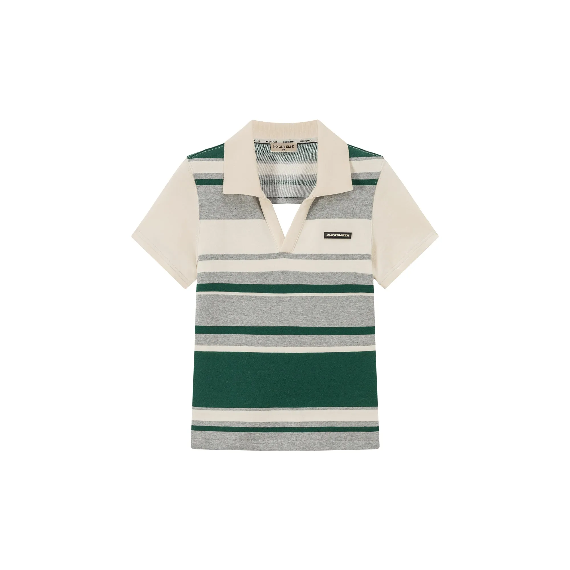 Open Collar Back Cut Out Striped Short Sleeve T-Shirt