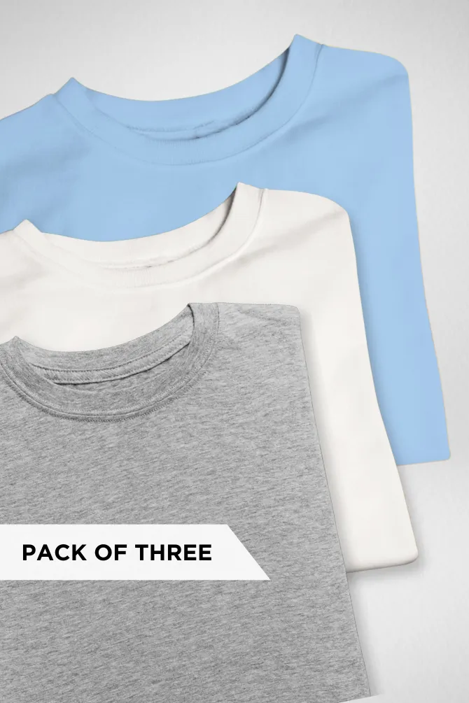 Pack Of 3 Oversized T-Shirts Grey Melange White and Baby Blue for Women