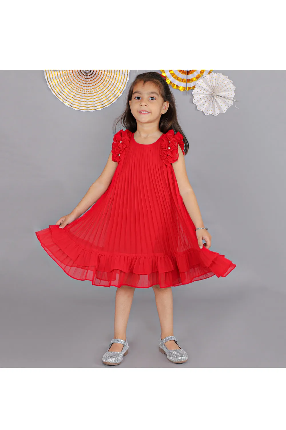 Red Floral Detailing Pleated Sleeveless Dress