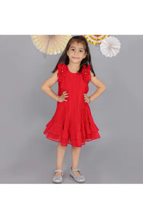 Red Floral Detailing Pleated Sleeveless Dress