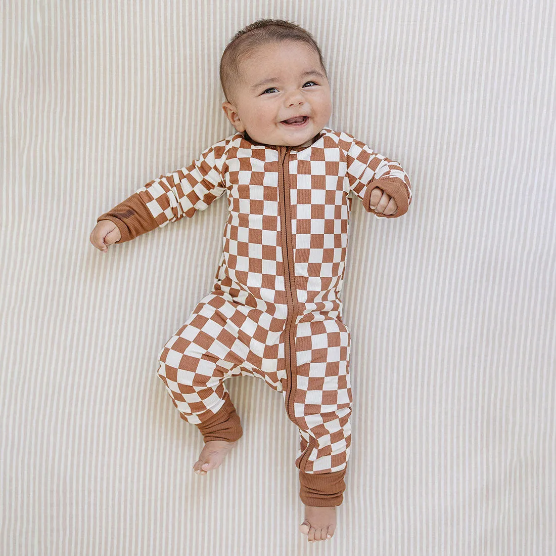 Ribbed Bamboo Zipper Pajama - Rust Checkered