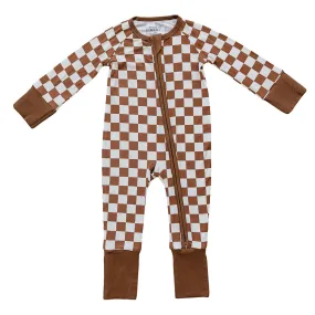 Ribbed Bamboo Zipper Pajama - Rust Checkered
