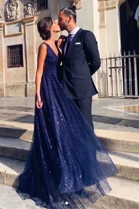 Shiny A Line V Neck Navy Blue Backless Prom Dresses, V Back Navy Formal Evening Dresses KS8160