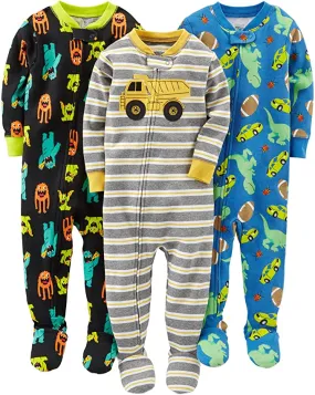 SIMPLE JOYS BY CARTER’S BABY BOYS’ 3-PACK SNUG FIT FOOTED COTTON PAJAMAS, MONSTERS/DINO/CONSTRUCTION, 6-9 MONTHS