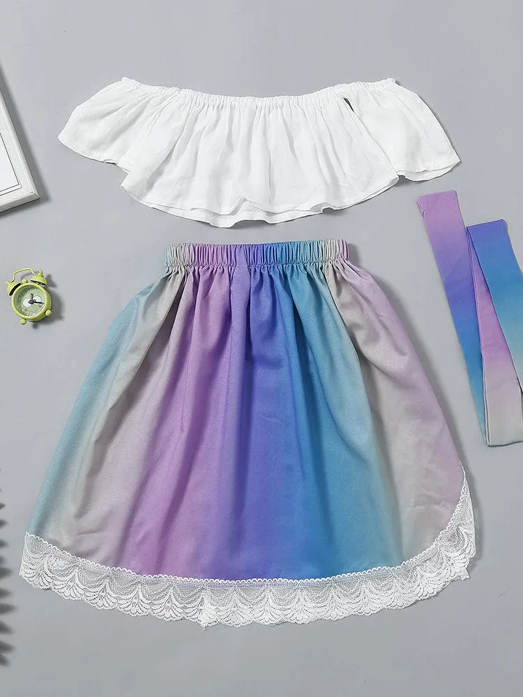 Stylish Infant Little Girl Clothes White Off Shoulder Top  Lace Colorful Skirt Headband Outfits