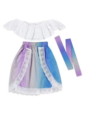 Stylish Infant Little Girl Clothes White Off Shoulder Top  Lace Colorful Skirt Headband Outfits