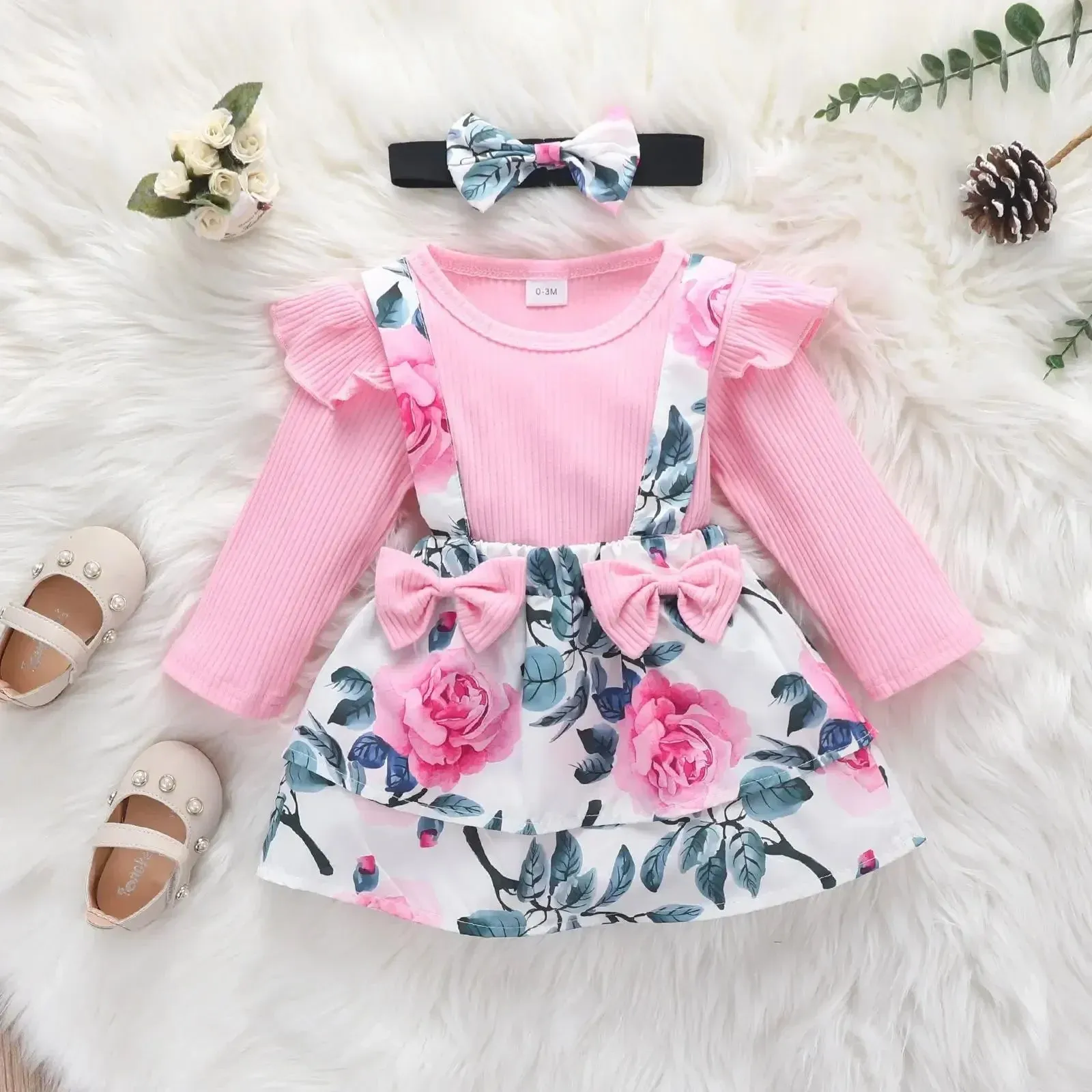 Summer Infants Girls Flying Sleeve Dress Flower Bow Suspenders Skirt