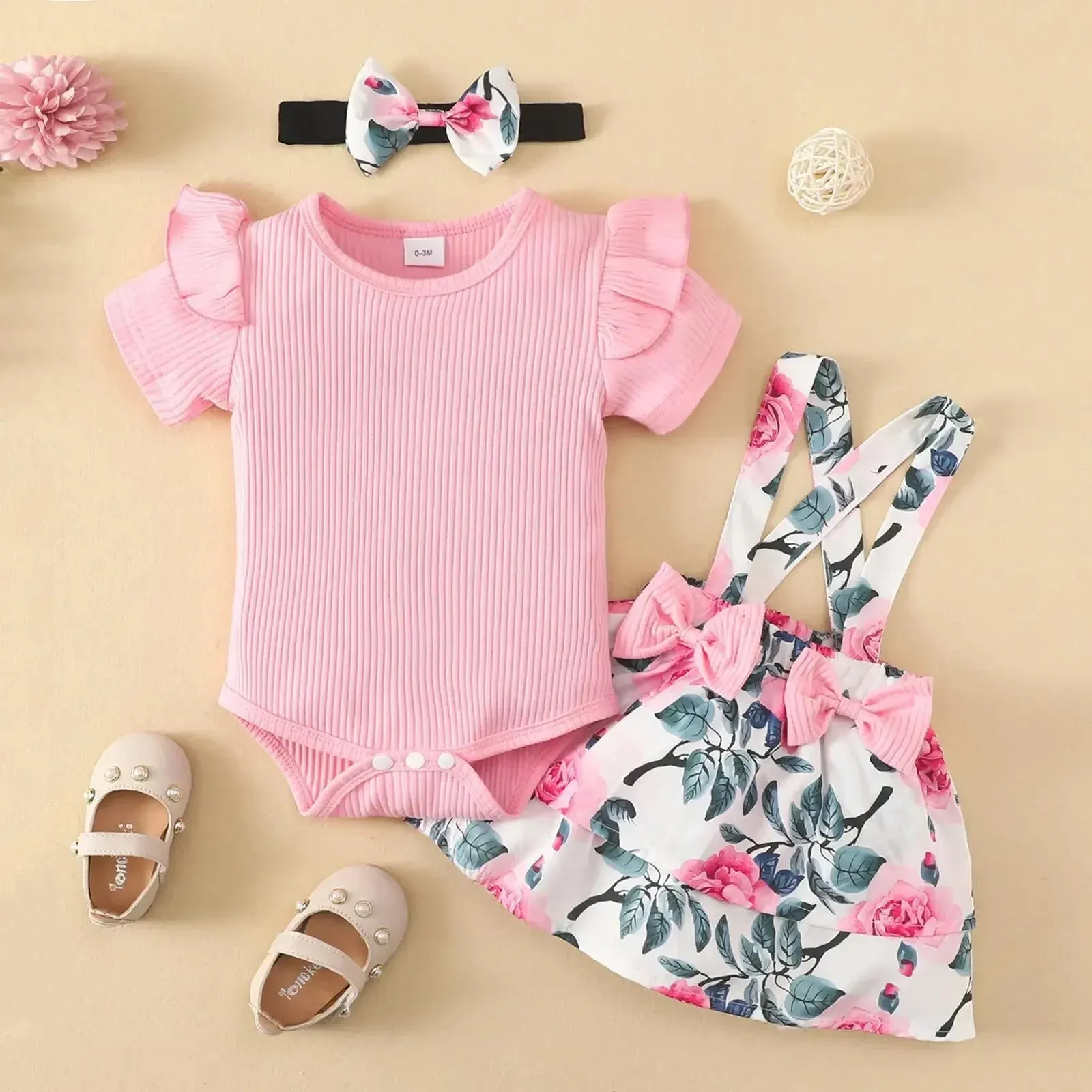 Summer Infants Girls Flying Sleeve Dress Flower Bow Suspenders Skirt
