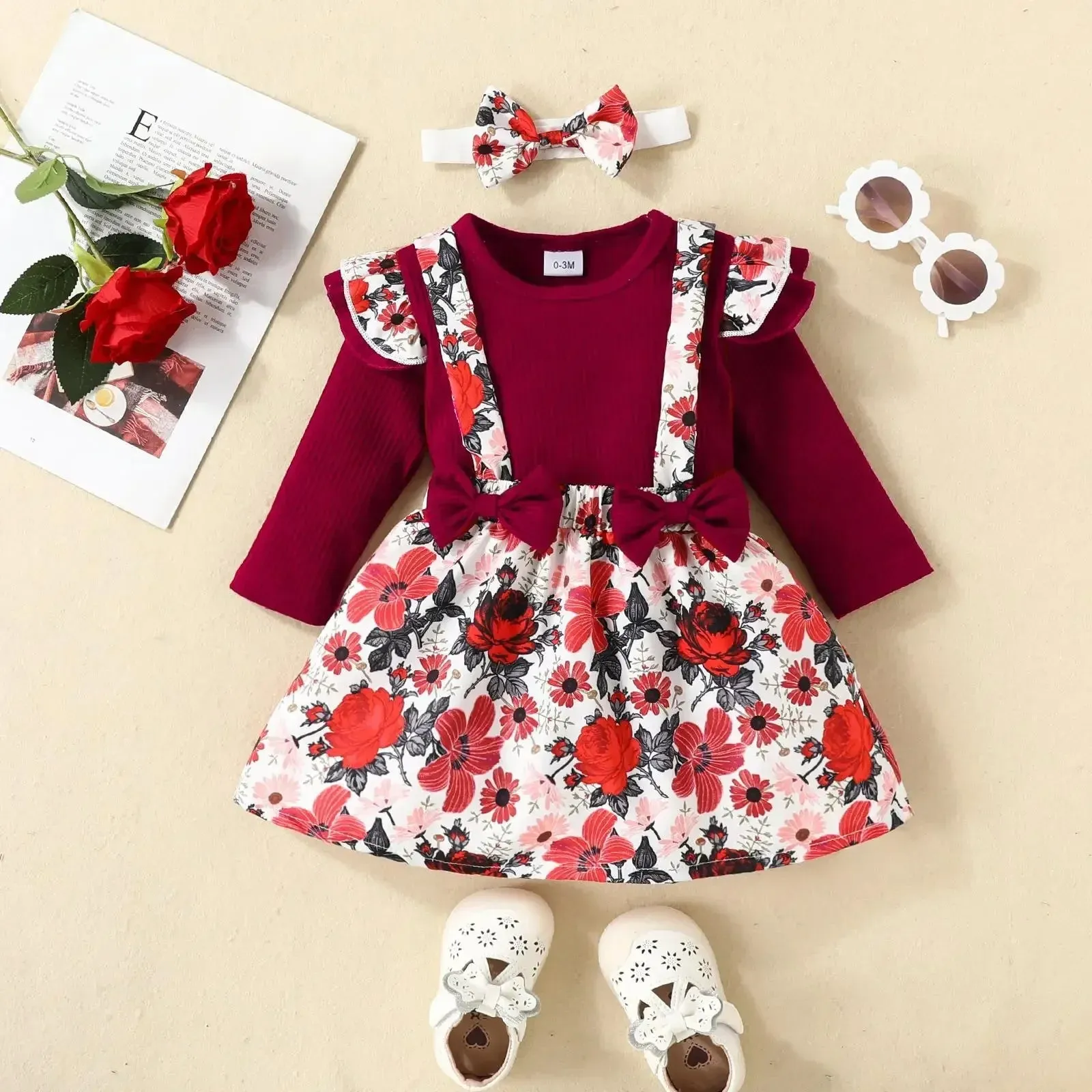 Summer Infants Girls Flying Sleeve Dress Flower Bow Suspenders Skirt
