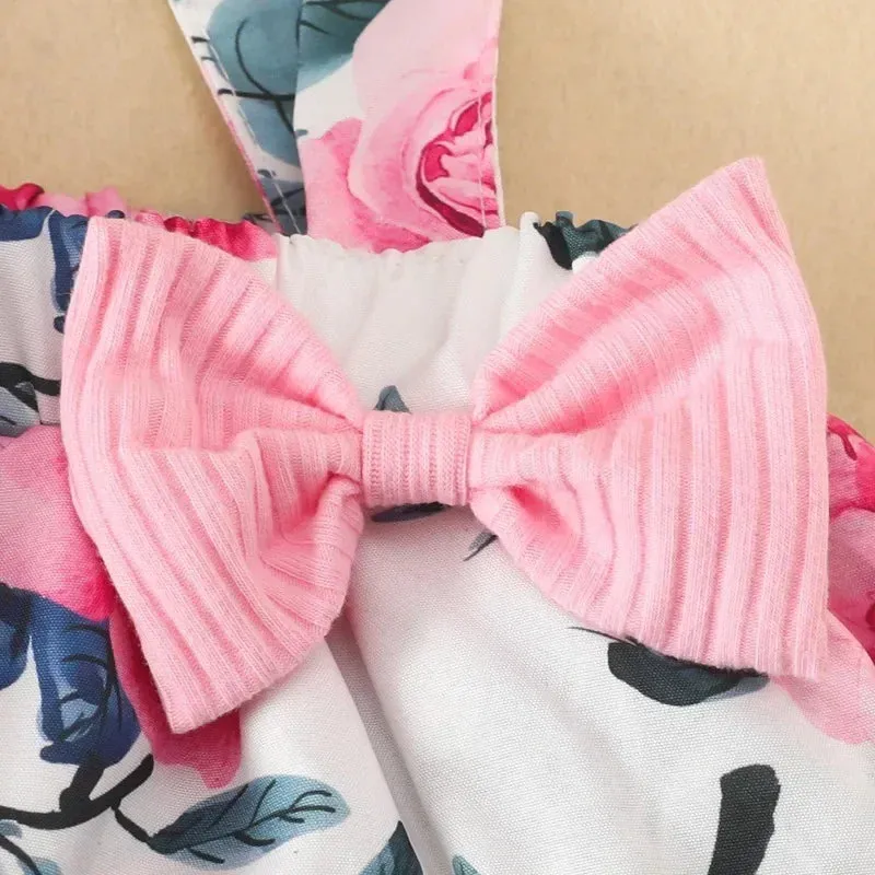 Summer Infants Girls Flying Sleeve Dress Flower Bow Suspenders Skirt