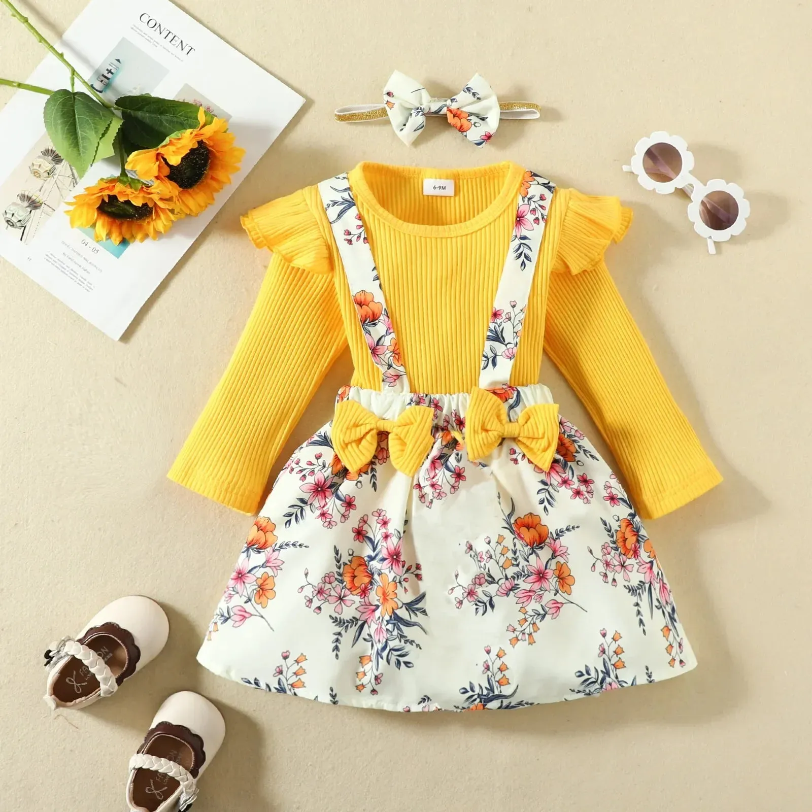 Summer Infants Girls Flying Sleeve Dress Flower Bow Suspenders Skirt