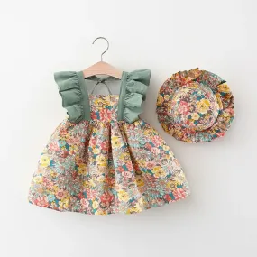 Summer Princess Strap Dress with Hat 2PCs