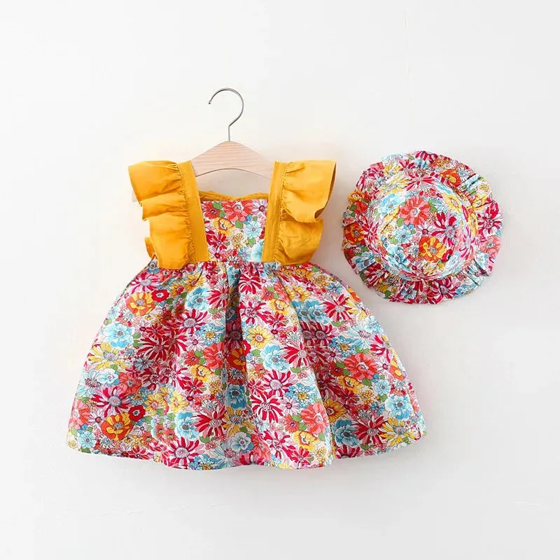 Summer Princess Strap Dress with Hat 2PCs