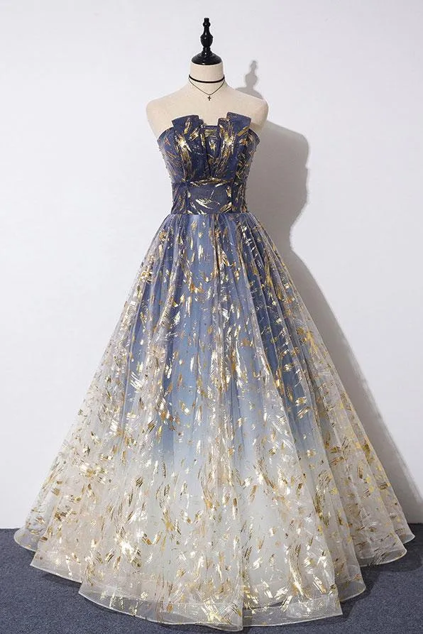 Unique A Line Strapless Ombre Long Prom Dress Stunning Party Dresses KS59