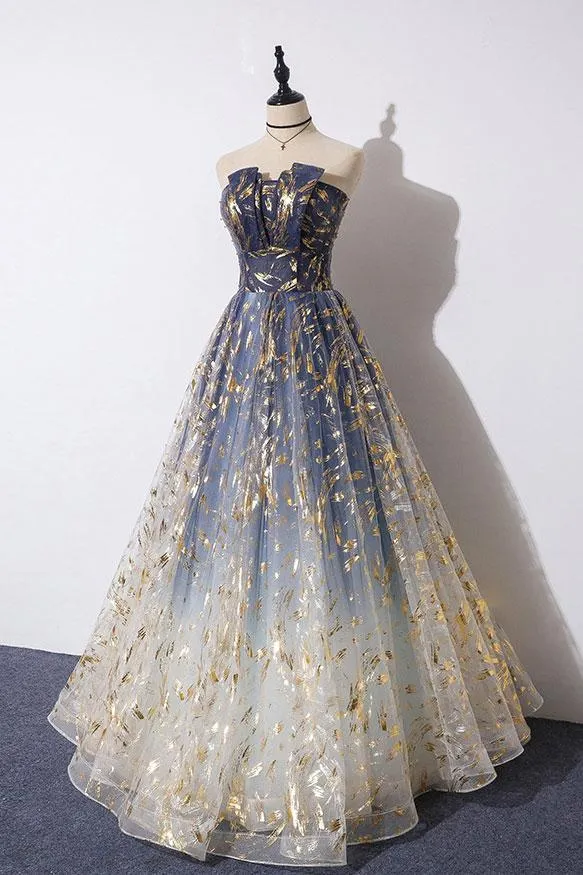 Unique A Line Strapless Ombre Long Prom Dress Stunning Party Dresses KS59