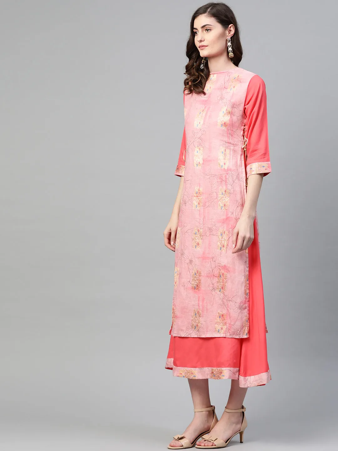 Women Coral & Pink Rayon Floral Layered Dress