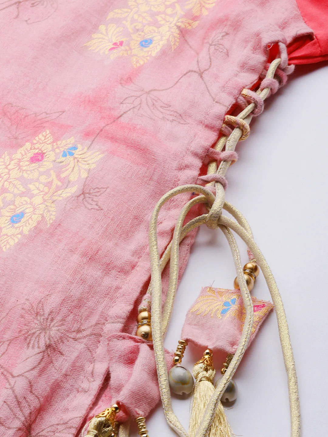 Women Coral & Pink Rayon Floral Layered Dress
