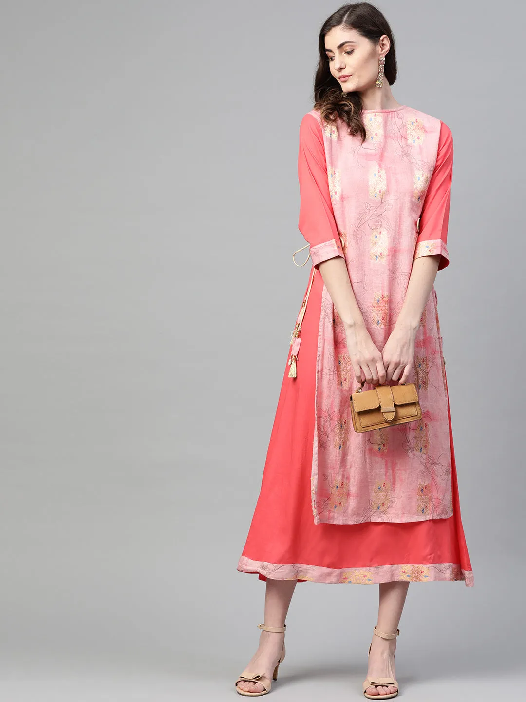 Women Coral & Pink Rayon Floral Layered Dress
