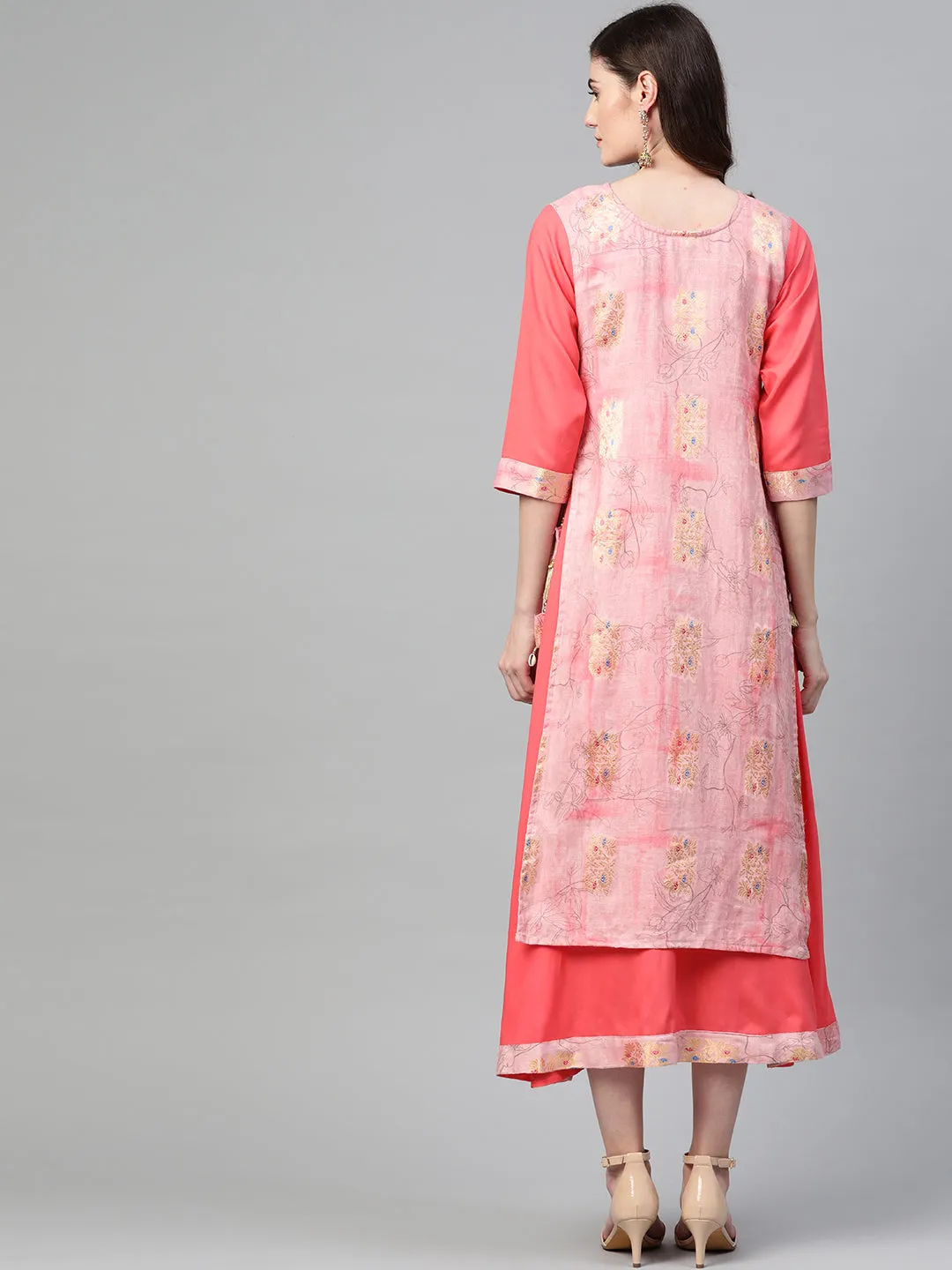 Women Coral & Pink Rayon Floral Layered Dress